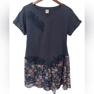 Akemi + Kin Anthropologie Womens Medium Navy Floral Embroidered Dress